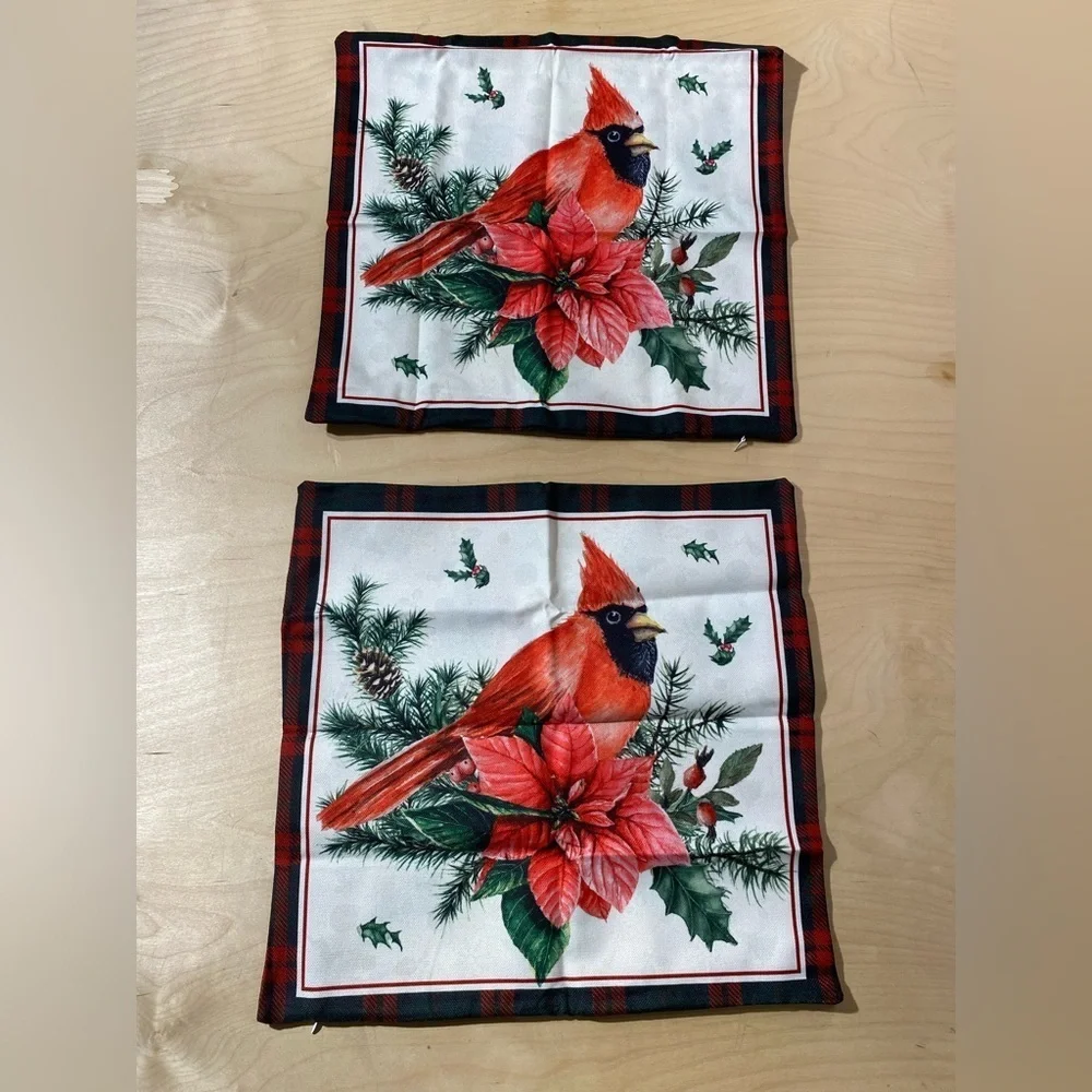 Set of 2 Festive Cardinal Holiday Pillow Covers 17” x 17” - Red and Green (MV)